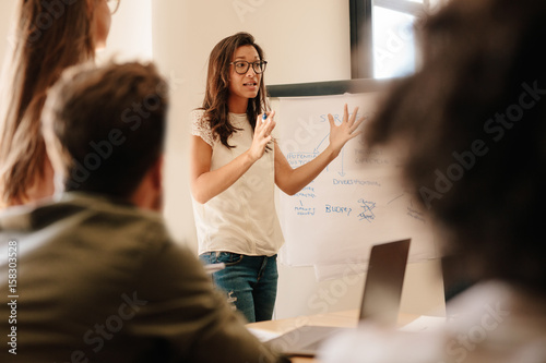 Businesswoman explaining new plan to colleagues in conference ro photo