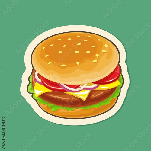 Burger include cutlet  tomato  cheese and salad. Vector flat illustration