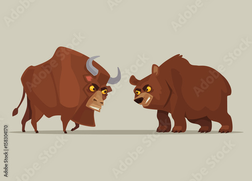 Angry strong bull and bear characters. Symbol of stock market. Vector flat cartoon illustration