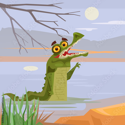 Happy smiling crocodile alligator characters looking out of water. Vector flat cartoon illustration