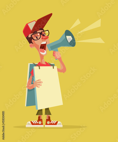 Happy smiling young man teen speaking in loudspeaker. Human billboard. Live advertising. Vector flat cartoon illustration