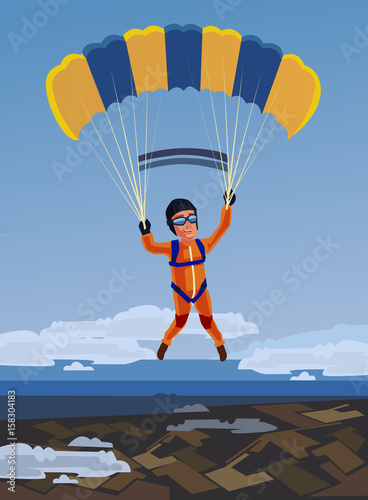 Sky diving happy smiling sportsman jump and fly with open parachute. Vector flat cartoon illustration