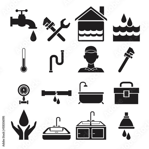 black silhouette plumbing icons set on white background vector illustration