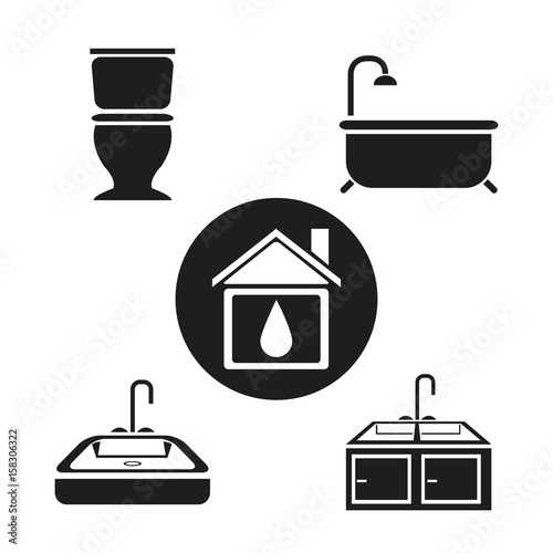 black silhouette cirular frame with and icons bathroom plumbing vector illustration