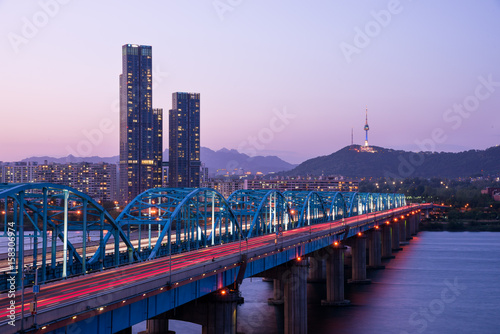 Night view of Dongjak bridge in Seoul, South Korea.