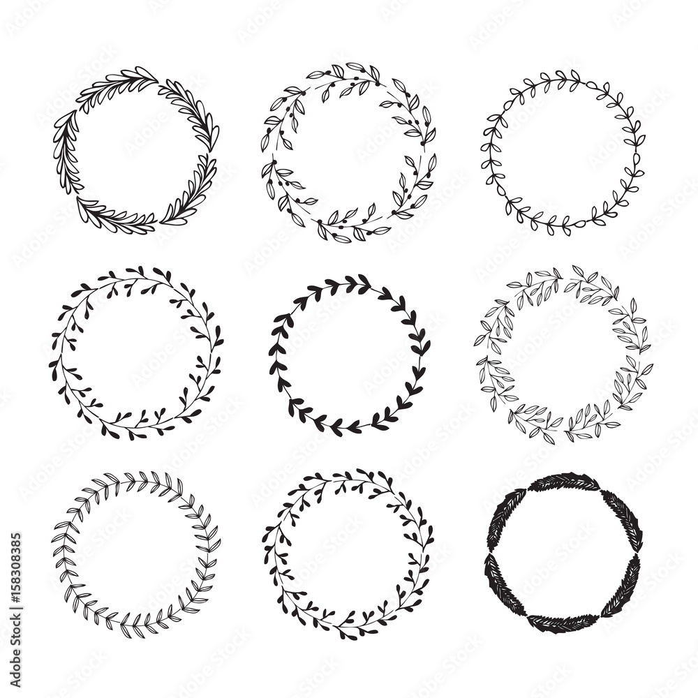 Hand drawn set of floral wreaths