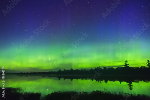 Vibrant green northern lights glowing on horizon and reflecting in lake © Rachel Lerch
