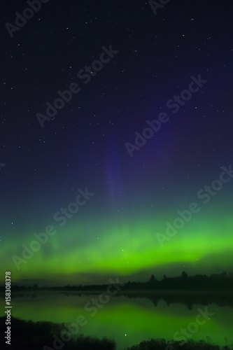 Moody green aurora borealis glowing above the horizon in northern wilderness