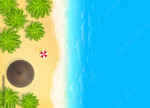Tropical island with palm trees, villa roof, beach umbrella and boat. Vector poster background.