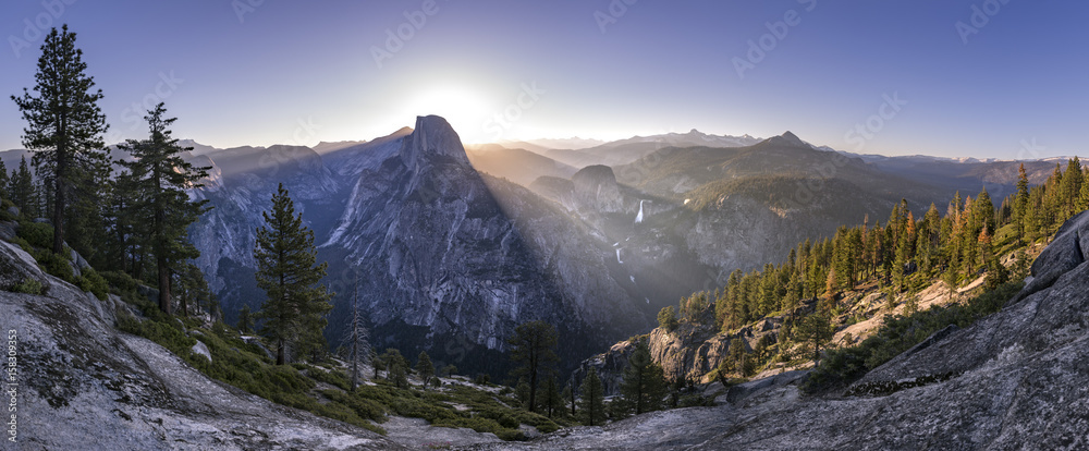 Panoramic views from Glacier Point of Half Dome and Yosemite Falls