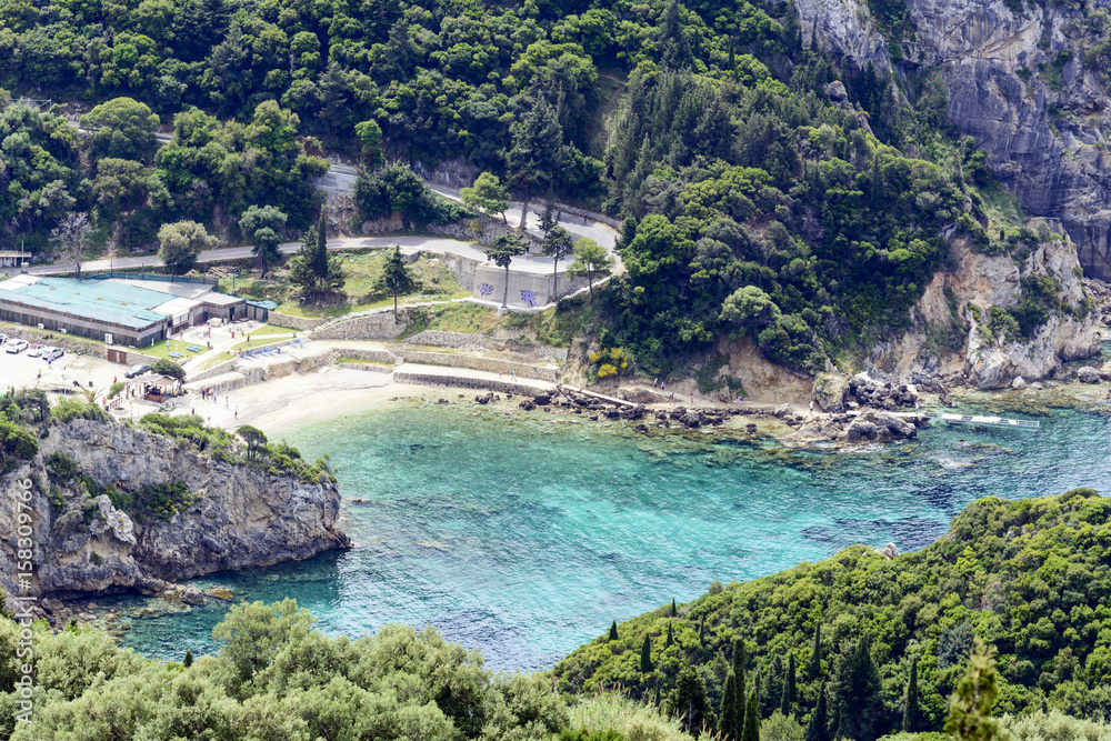 Aerial view of Paleokastritsa coast from Bella Vista. Corfu island, Greece.