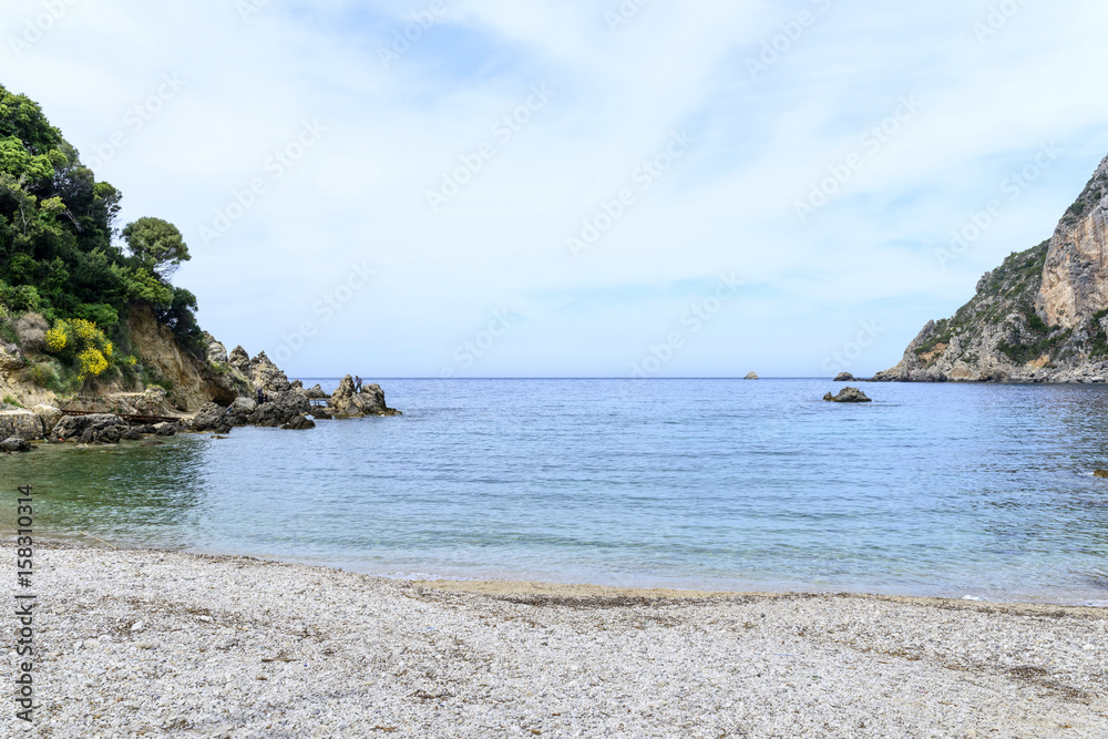 View of the Ionian Sea in Paleokastritsa resort. Corfu Island, Greece