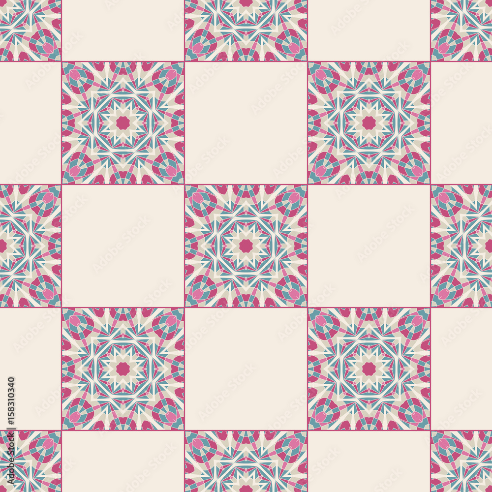 Oriental seamless geometric fabric pattern. Ethnicity ornament. Ornamental background, texture, tiled. Floral elements, mandala decor. Arabic, Islamic, moroccan, asian, indian native african motifs.
