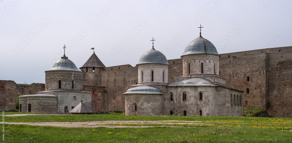 Russian medieval castle in Ivangorod. Located opposite the Estonian city of Narva, not far from St. Petersburg. St. Nicholas Church and the Assumption Cathedral.