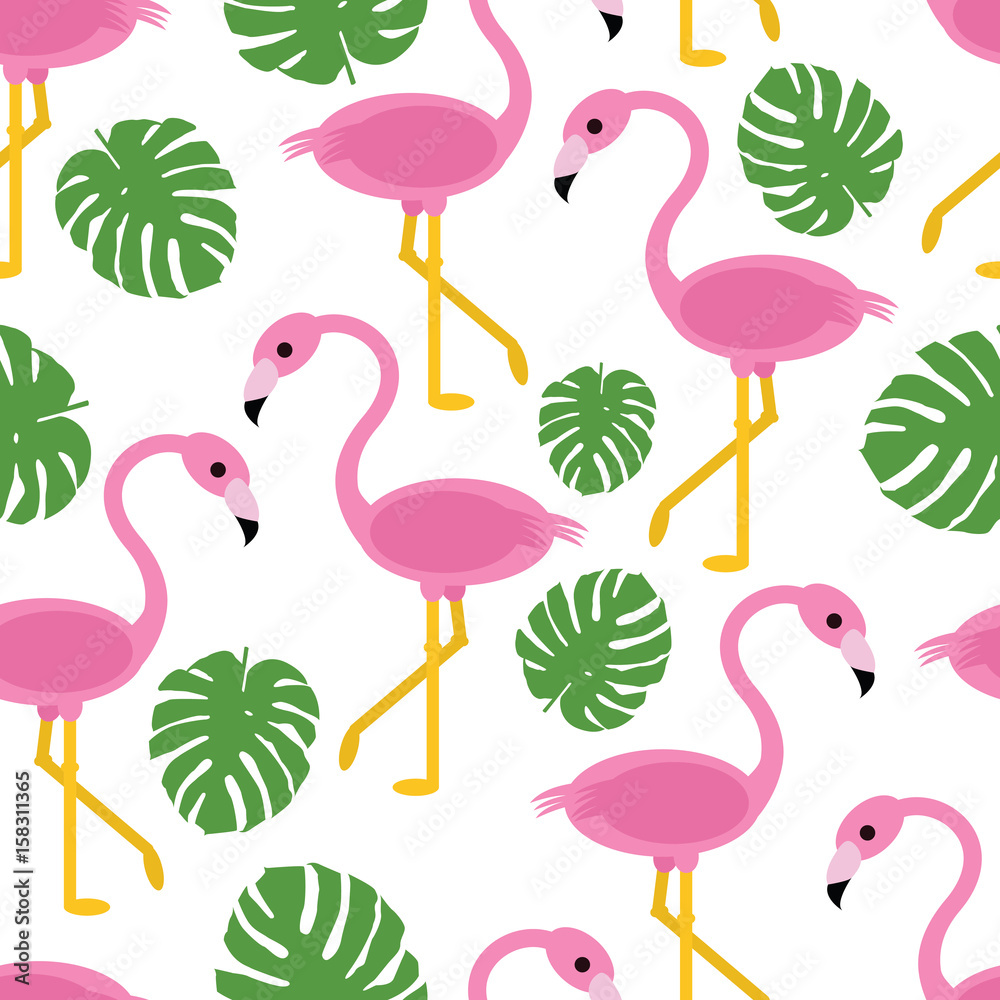Obraz premium Seamless flamingo and monstera leaves on white background tropical pattern vector
