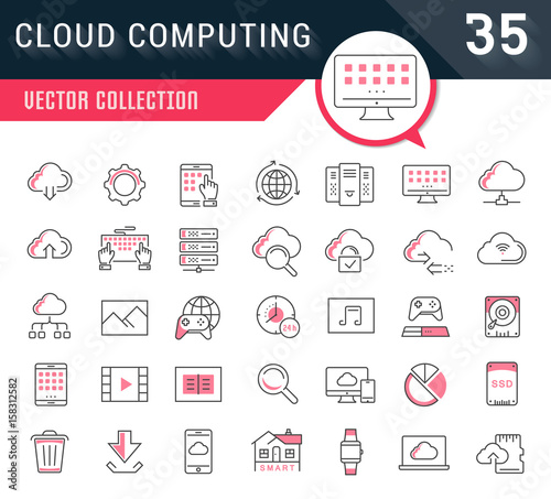 Set Vector Flat Line Icons Cloud Service