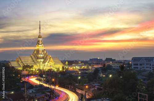 The beautiful sunset landscape of Wat So thorn Temple travel destination of buddhism religion at Cha choeng sao province  Thailand