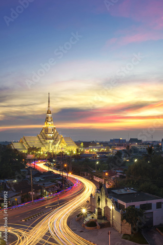 The beautiful sunset landscape of Wat So thorn Temple travel destination of buddhism religion at Cha choeng sao province, Thailand