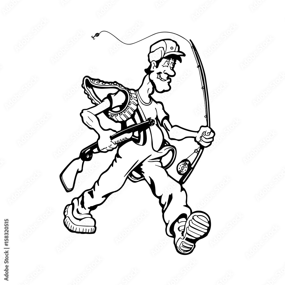 Man hunting fish and birds. cartoon character . Vector Illustration.