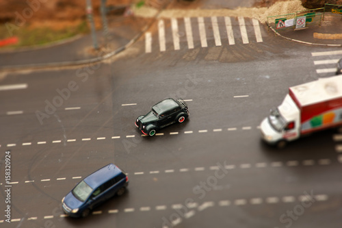 Old car on the road in Moscow. tilt shift effect. 