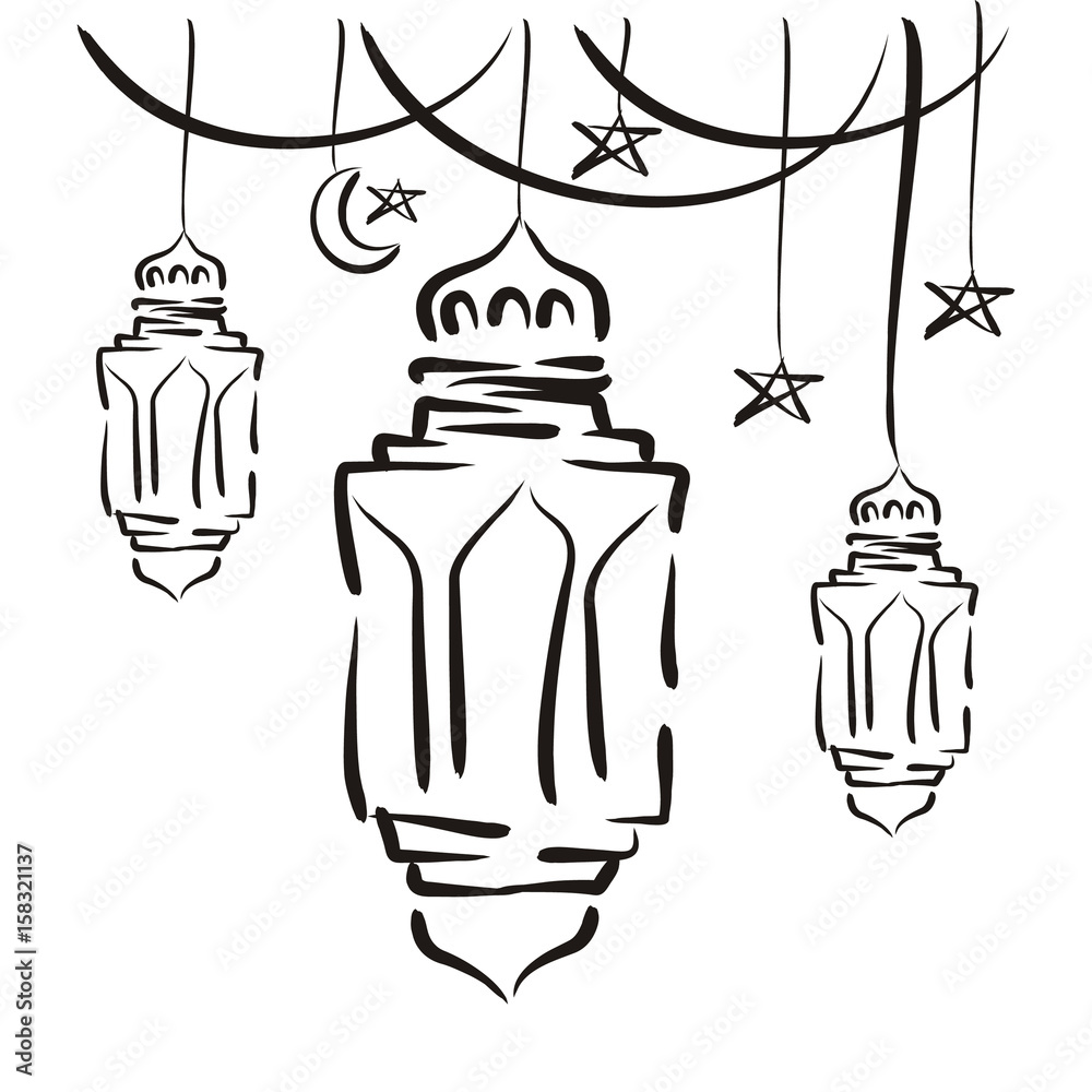 Premium Vector | Eid mubarak with hand drawn mosque on white background