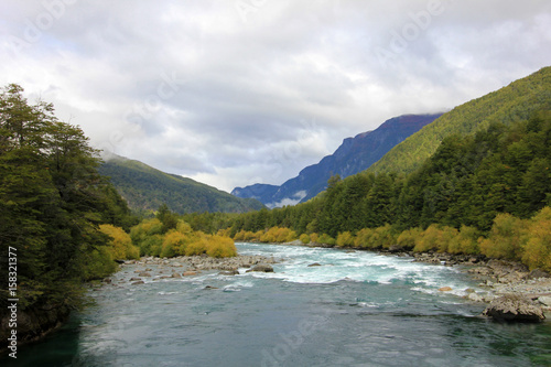 River Futaleufu flowing, well known for white water rafting, Patagonia, southern Chile.