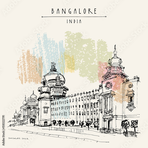 Bangalore (Bengaluru), Karnataka, India. Building in Neo-Dravidian style. Vintage hand drawn postcard