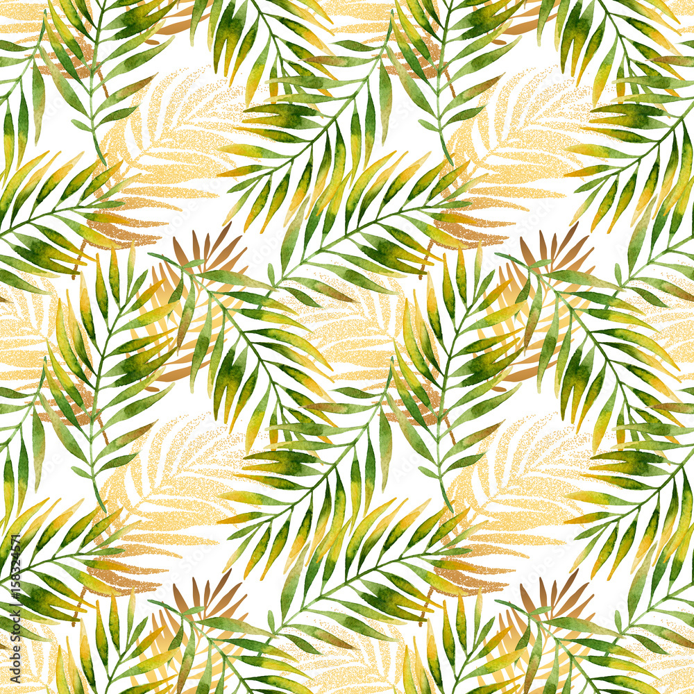 Watercolor and golden graphic palm leaf seamless pattern.