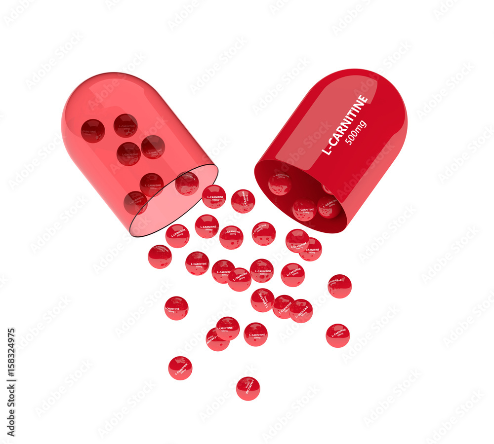 3D render of l-carnitine pill with granules 3D render of l-carnitine pill with granules