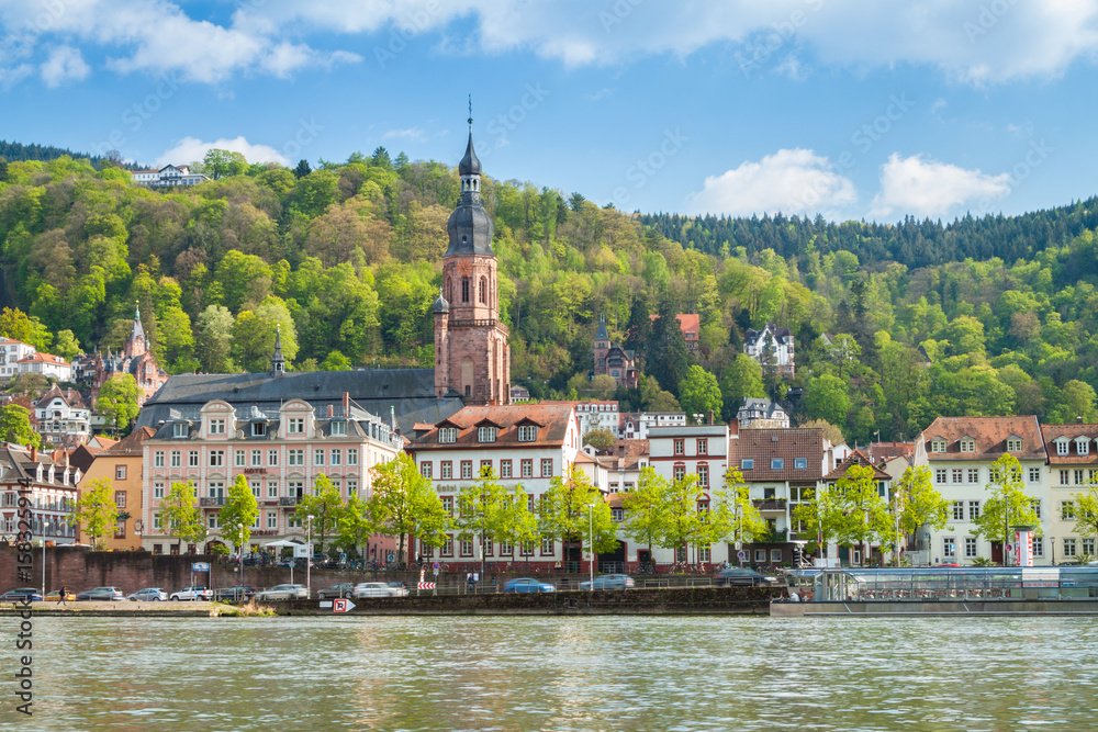 Church of the Holy Spirit in Heidelberg, Germany with old town square in background - obrazy, fototapety, plakaty 