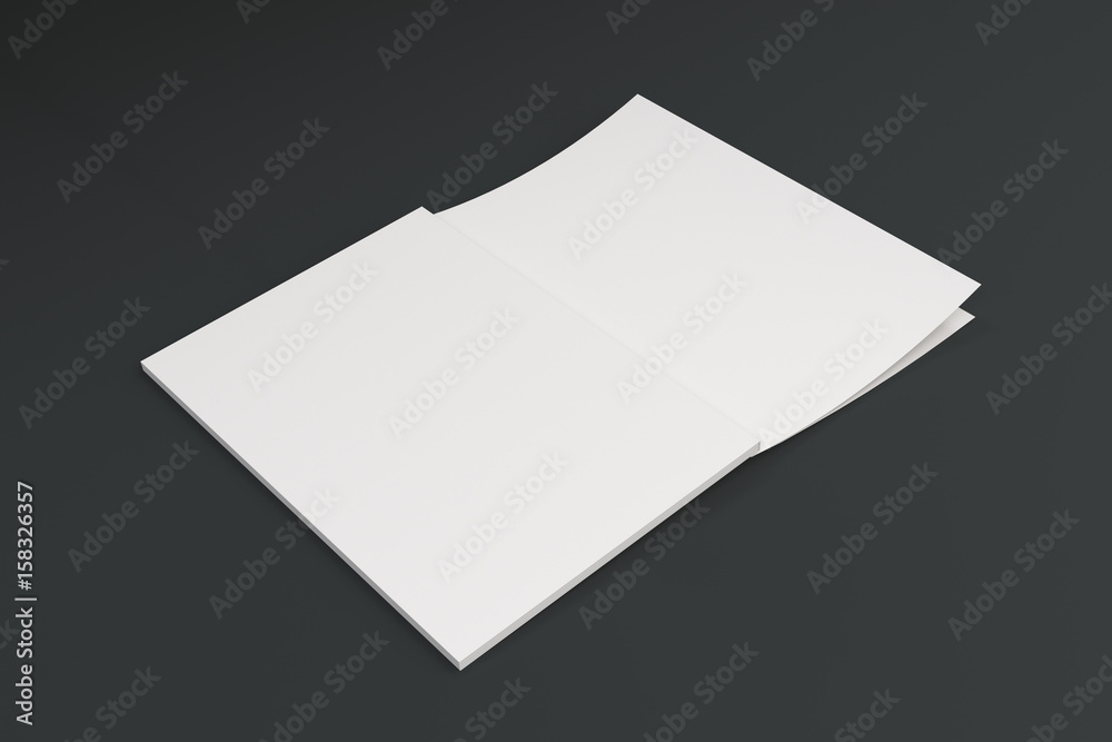 Mockup of blank white open brochure lying with cover upside on black background