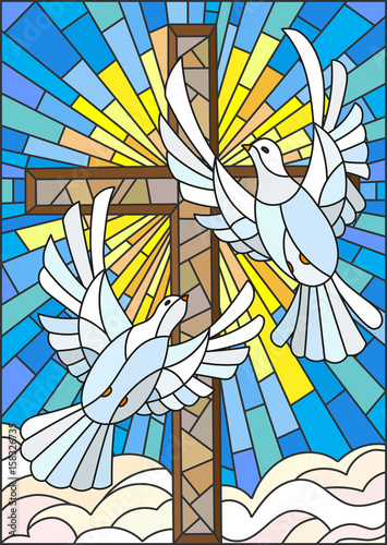 Illustration with a cross and a pair of white doves in the stained glass style