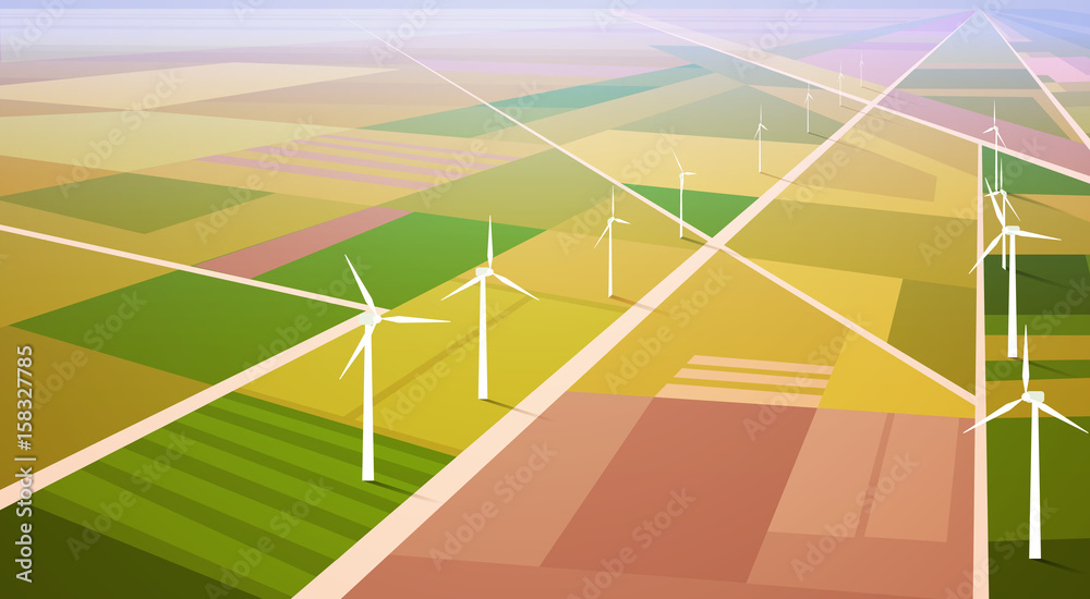Wind Turbine Energy Renewable Station Field Background Flat Vector Illustration