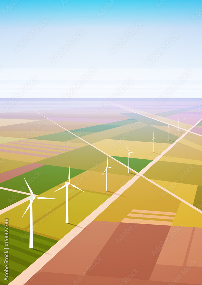 Wind Turbine Energy Renewable Station Field Background Flat Vector Illustration