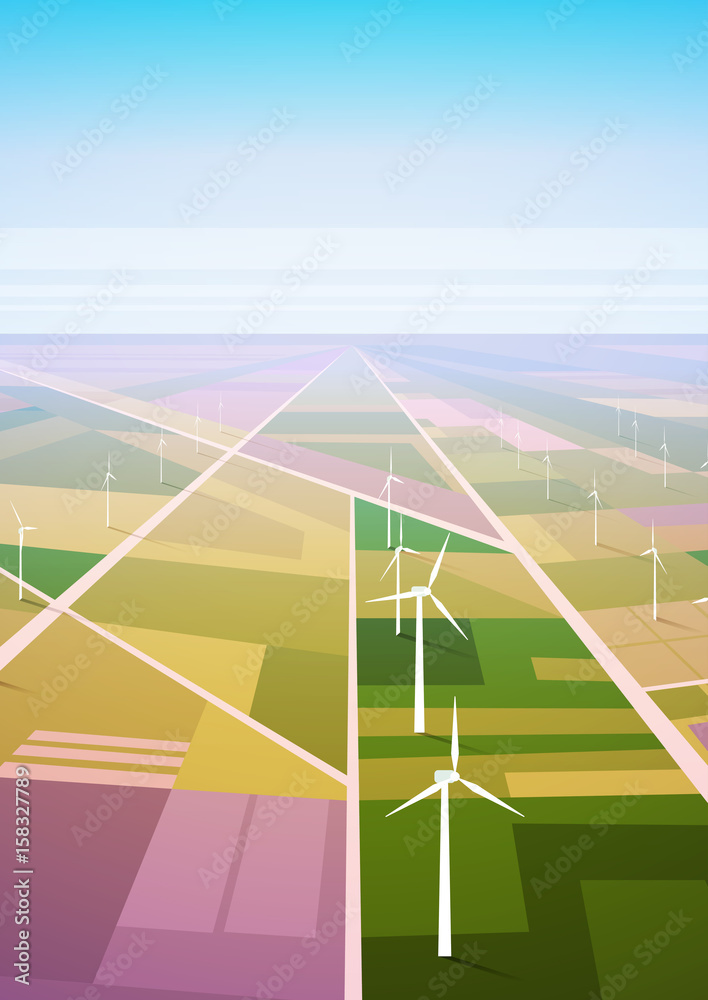 Wind Turbine Energy Renewable Station Field Background Flat Vector ...