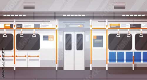 Empty Subway Car Interior Modern City Public Transport, Underground Tram Flat Vector Illustration