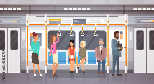 People Passangers In Subway Car Modern City Public Transport, Underground Tram Flat Vector Illustration