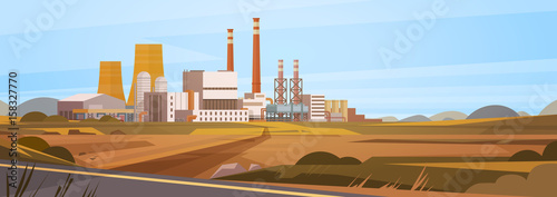 Factory Building Nature Pollution Plant Pipe Waste Banner Flat Vector Illustration