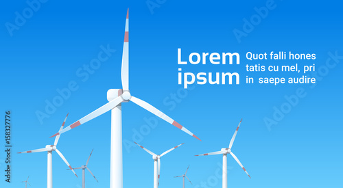 Wind Turbine Energy Renewable Station Over Blue Sky Background Flat Vector Illustration