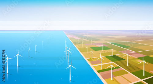 Wind Turbine Energy Renewable Water Station Field Background Flat Vector Illustration