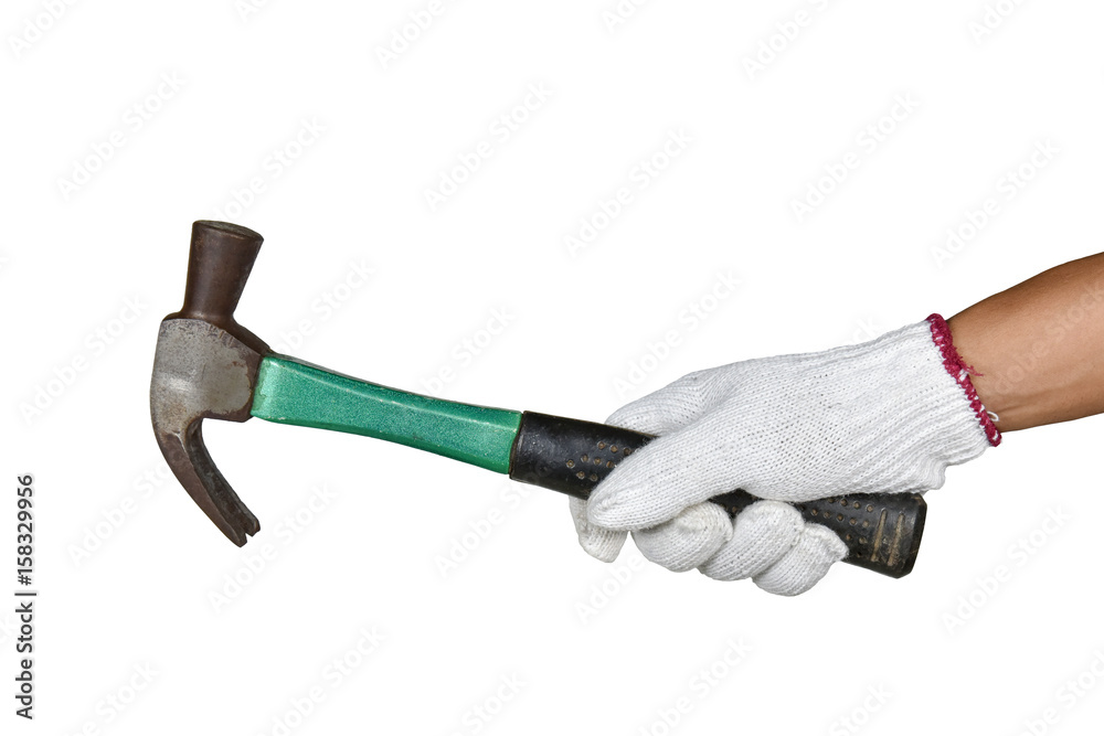 a hand with protection glove holding rusty hammer a hand with protection glove holding rusty hammer