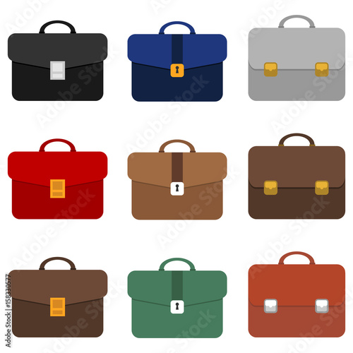 A set of briefcases of different colors. Briefcase businessman