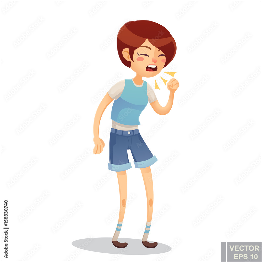 Vector - Sick woman. Unhappy character. Vector cartoon illustration. Girl coughing in hand. Season allergy illness