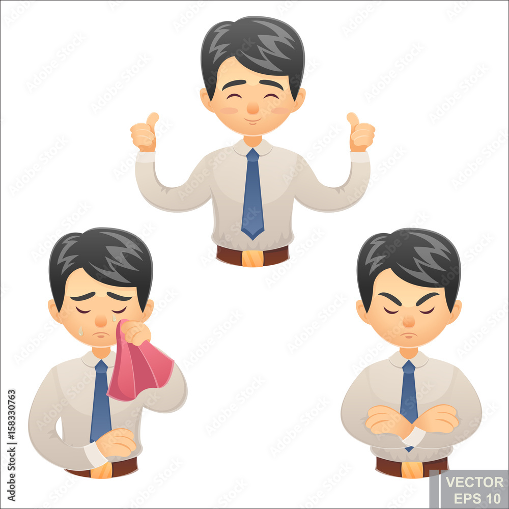 Vector - cartoon illustration of a handsome young businessman in various poses emotions Happy angry sad Vector - cartoon illustration of a handsome young businessman in various poses emotions Happy angry sad