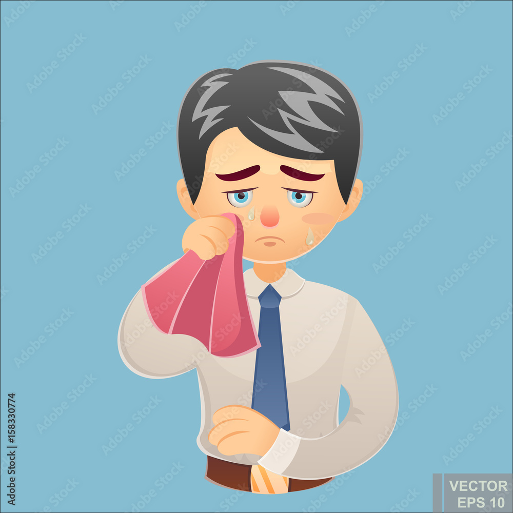 Vector - cartoon funny Crying young Businessman Wipes his Tears with a Handkerchief illustration Vector - cartoon funny Crying young Businessman Wipes his Tears with a Handkerchief illustration