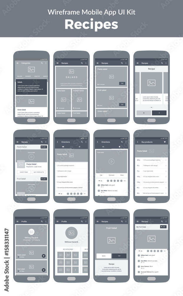 Wireframe UI kit for mobile phone. Mobile App Cooking. Recipes, categories, profile, buy products, video, directions screens