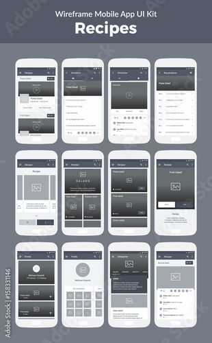 Wireframe UI kit for mobile phone. Mobile App Cooking. Recipes, categories, profile, buy products, video, directions screens