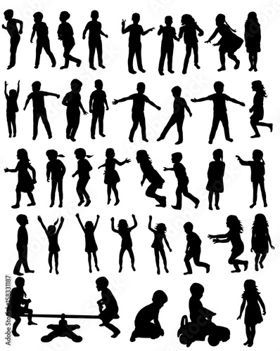 collection of silhouettes of happy children running jumping