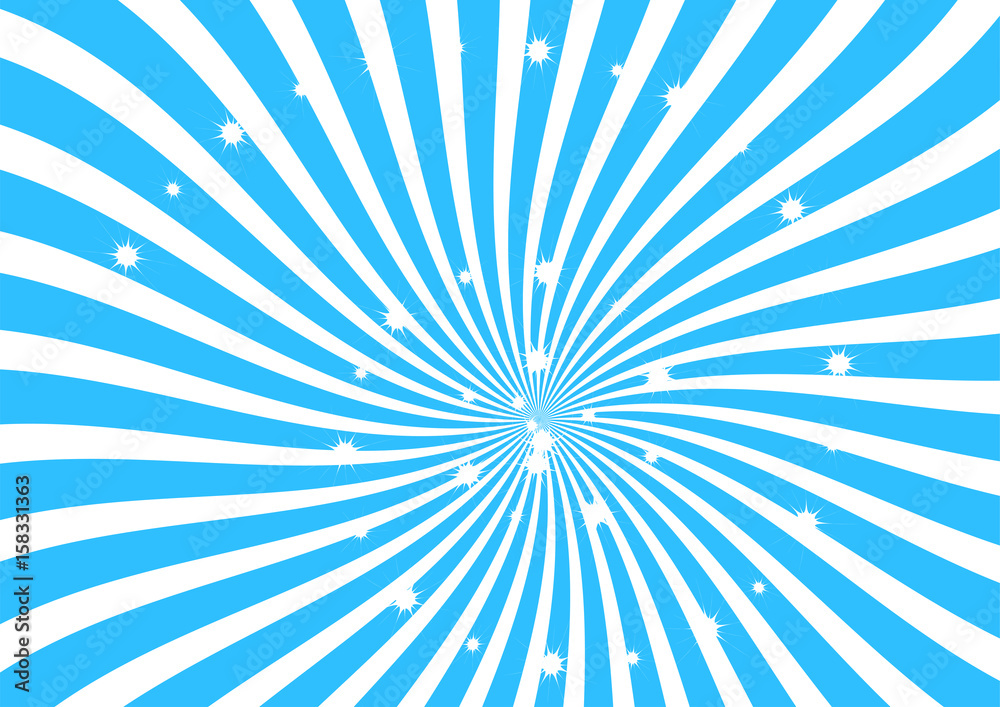 Fototapeta premium White and blue Sunburst vector background. Swirl strips with sparkling stars clipart, abstract texture wallpaper, bannder and backdrop.