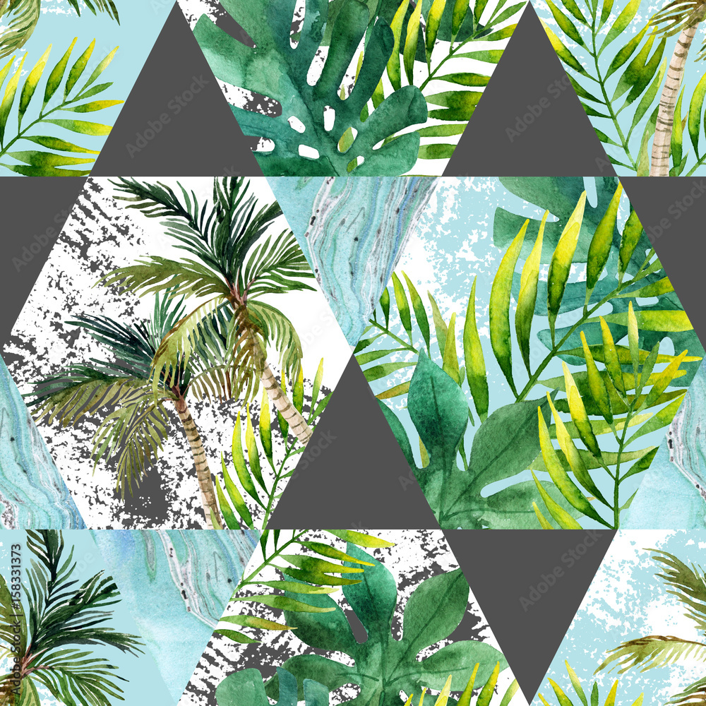 Obraz Akwarela tropikalnych liści i palmy w geometryczne kształty wzór
